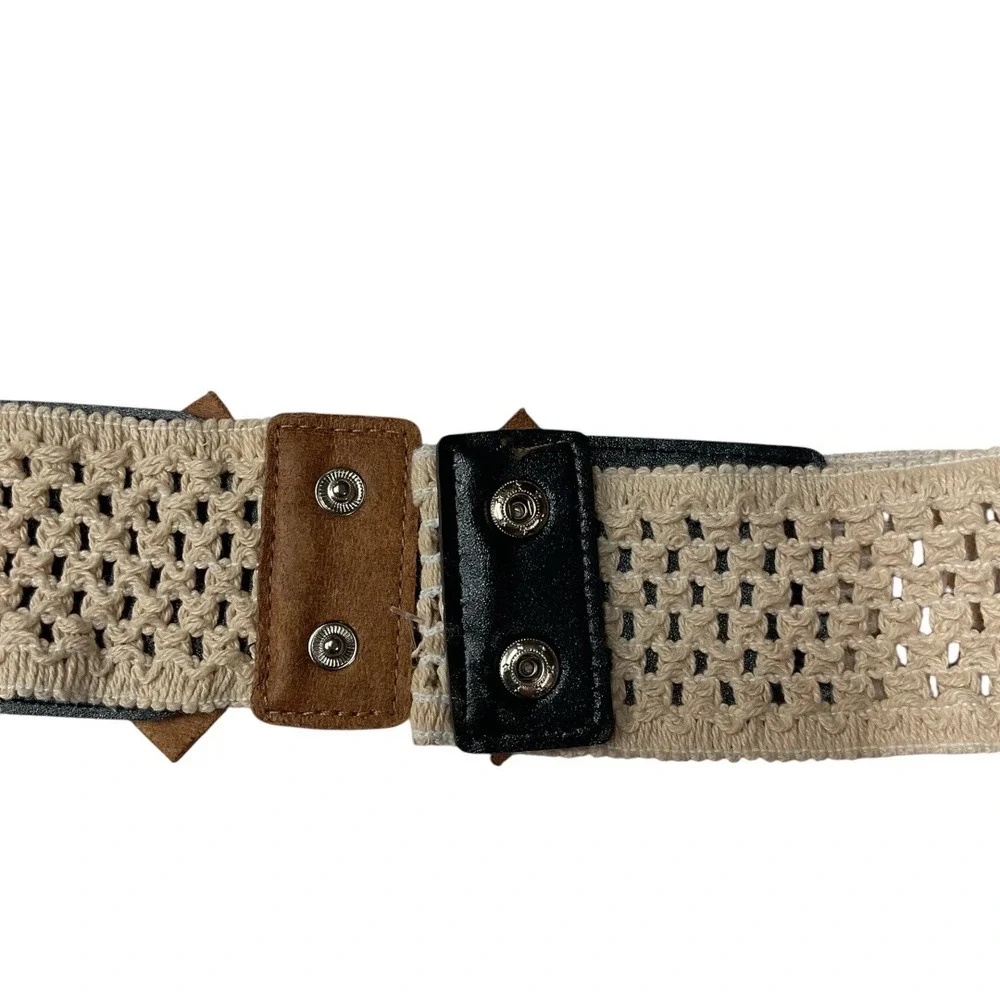 Boho Woven Lacey Waist Belt with Bow Suede Accent‎ Snap Back Stretch Cream Brown
